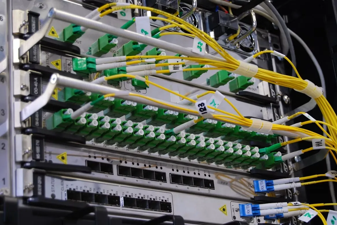 Fiber optic cables terminated in a network switch and fiber patch panel