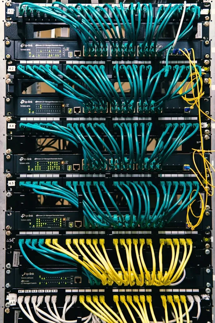 Organized network rack with patch panels and color-coded structured cabling